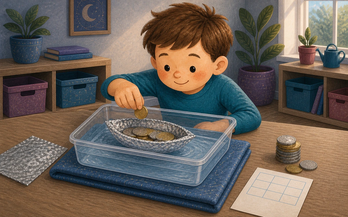 A child testing a foil boat with coins