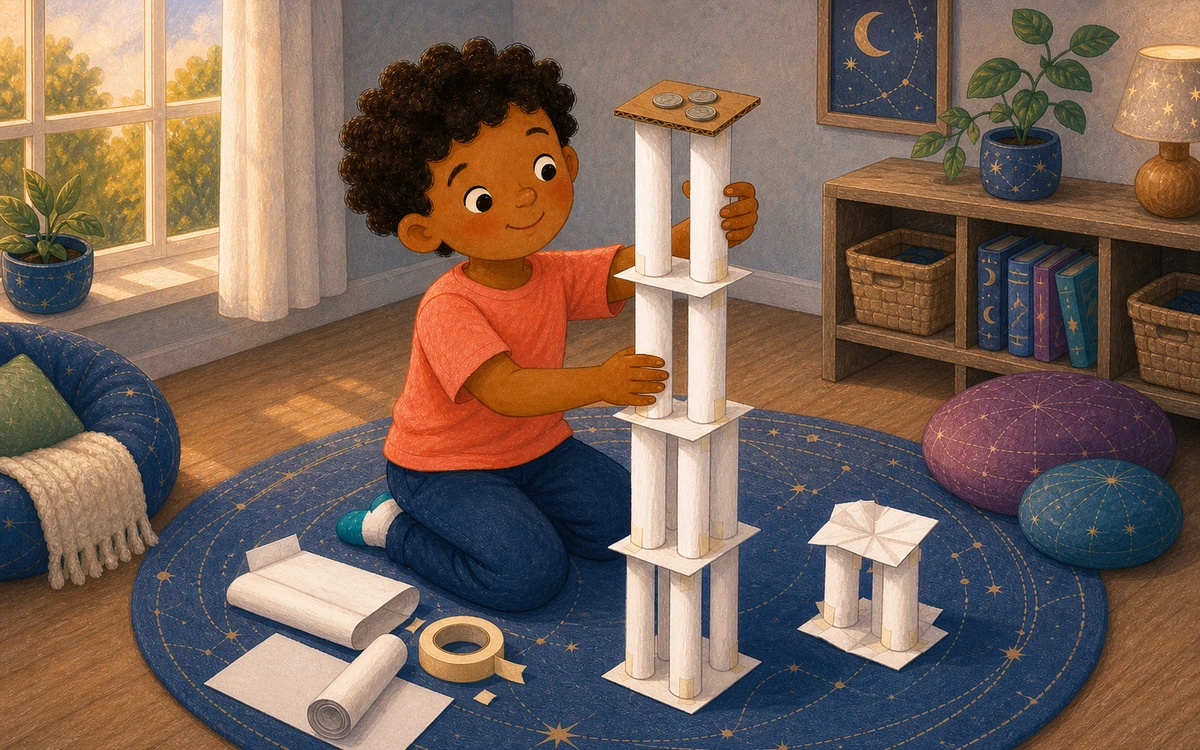 A child building a tall tower from paper tubes