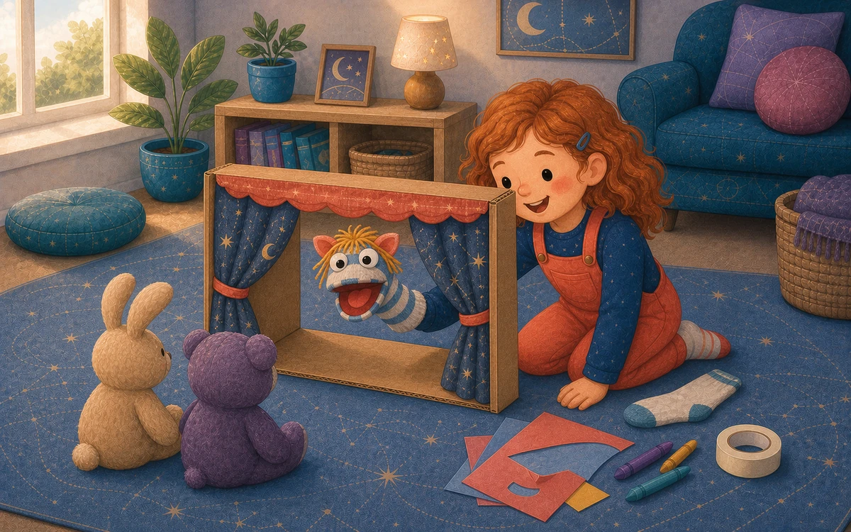 A child performing with a sock puppet theatre